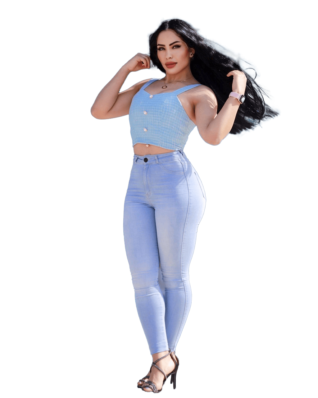 A woman with long black hair poses confidently, wearing a blue checkered crop top and high-waisted light blue jeans. She stands on black high-heeled sandals and adjusts her hair with one hand, showcasing a watch on her wrist. The background is transparent.