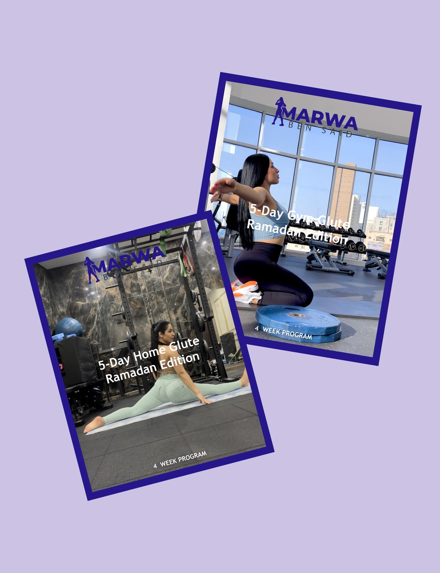 Two exercise program covers on purple depict a woman stretching at home with "5-Day Home Glute Ramadan Edition" and a woman lifting weights in a gym with "5-Day Gym Glute Ramadan Edition." Both feature "MARWA" and "4 WEEK PROGRAM." They are part of the Ramadan Workout Bundle: Gym & Home PDF Guides.